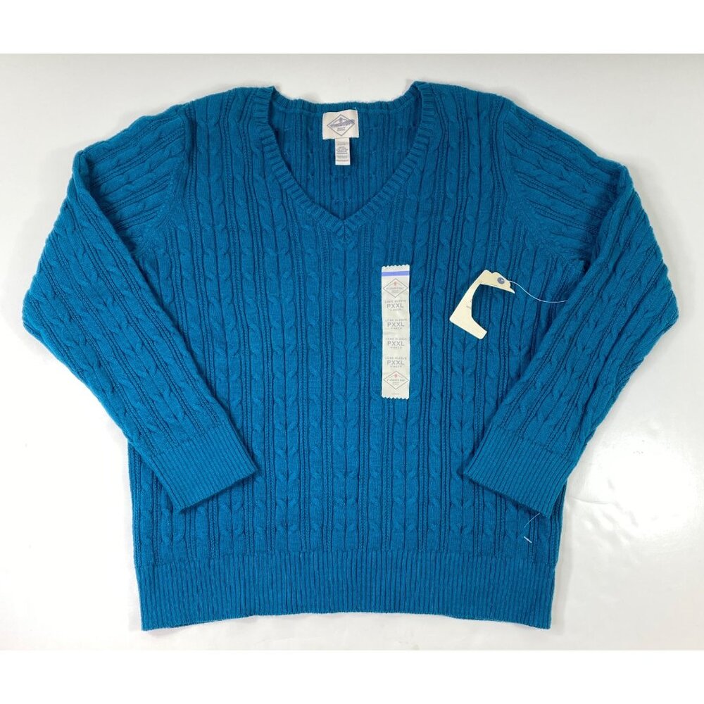 St. Johns Bay Womens Blue Cable Knit V-Neck Long Sleeve Cotton Sweater Size PXXL